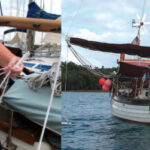 Entr’acte lies quietly to her anchor even in the presence of a swell, main photo, thanks to the simple contraption Ellen is displaying that she and Ed made largely from materials they had on board.