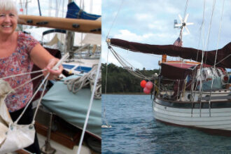 Entr’acte lies quietly to her anchor even in the presence of a swell, main photo, thanks to the simple contraption Ellen is displaying that she and Ed made largely from materials they had on board.