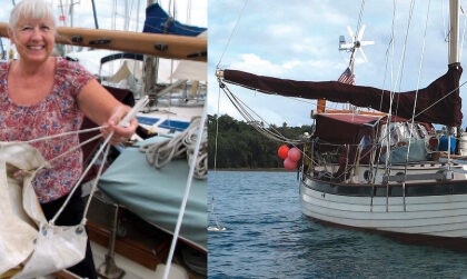 Entr’acte lies quietly to her anchor even in the presence of a swell, main photo, thanks to the simple contraption Ellen is displaying that she and Ed made largely from materials they had on board.