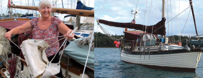 Entr’acte lies quietly to her anchor even in the presence of a swell, main photo, thanks to the simple contraption Ellen is displaying that she and Ed made largely from materials they had on board.