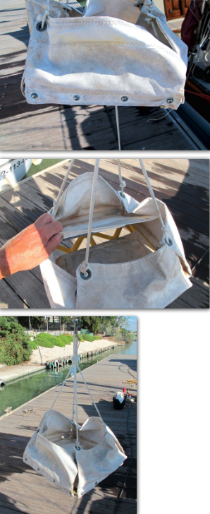 Machine screws passed through grommets secure the canvas sides to the milk crate base, at top. Two canvas flaps on opposite sides control the outflow of water as the flopper stopper rises, middle. The flopper stopper is suspended from two equal lengths of line doubled, then tied to form a loop and four ends, at left.