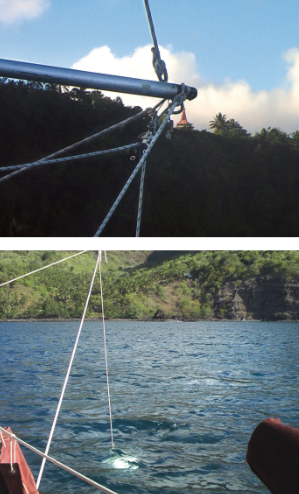 The pole needs a topping lift, a foreguy, and an after guy, at top. The flopper stopper is suspended from the trim line, which leads via a snatch block to the deck where it is adjusted and made fast.