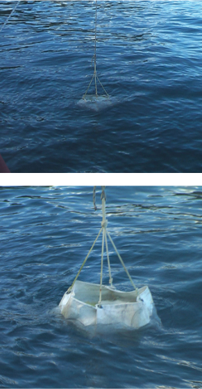 When the boat is at the bottom of the surge, the flopper stopper should be just beneath the surface, below. At the boat’s maximum rise, only the top few inches should leave the water, lower photo. Water is able to flow freely through the open corners.