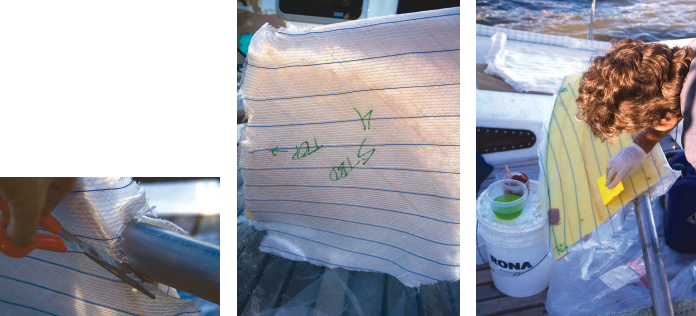 Evan and Diane pre-cut the fiberglass fabric and marked each piece, near right, to ensure they were used in the correct sequence. Trimming the fabric around the rudder stock, below, made for a tidy laminate. Rather than work with wet fabric, they found it easier to drape dry fabric over the dry core and work the resin through the fiberglass with a squeegee, far right.