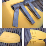 Diane and Evan had the core for Ceilydh's new rudder shaped by numerically controlled machining, at left. The process included cutting the rebates on the insides of the two halves, at right, which were a perfect fit for the the rudder stock and its webs, at top of page.