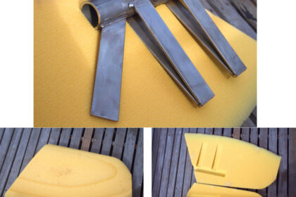 Diane and Evan had the core for Ceilydh's new rudder shaped by numerically controlled machining, at left. The process included cutting the rebates on the insides of the two halves, at right, which were a perfect fit for the the rudder stock and its webs, at top of page.