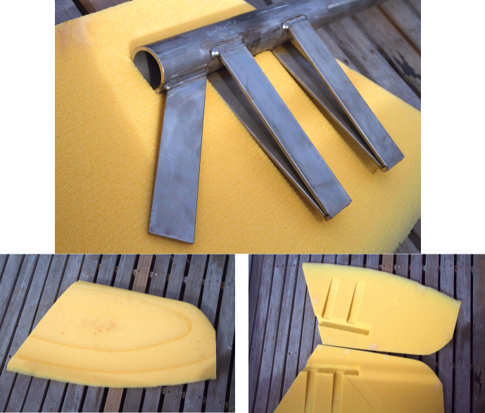 Diane and Evan had the core for Ceilydh's new rudder shaped by numerically controlled machining, at left. The process included cutting the rebates on the insides of the two halves, at right, which were a perfect fit for the the rudder stock and its webs, at top of page.