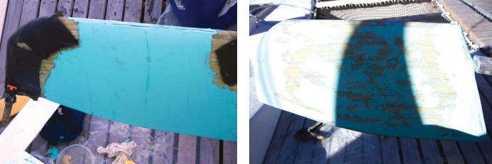 Patches of peel ply covered a few extra layers of glass that were required on the tip, at left, while the rest of the rudder received its first application of fairing compound. Sanding the first layer of fairing compound revealed only some minor humps and hollows, at right.