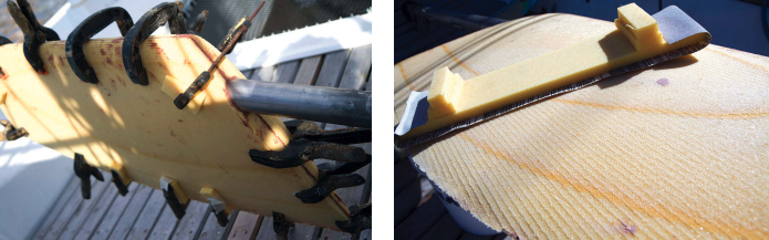 Clamping the rudder core halves together, at left, was a little delicate because the core could be crushed locally by too much pressure from the clamps. The machining process left tool marks on the rudder core, but these were easily removed with a longboard, at right.