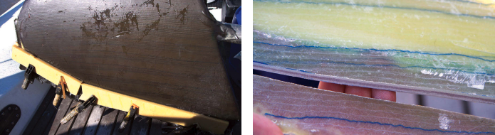 Peel ply laid over the final layer of fiberglass, at left, and removed after the resin has cured leaves the laminate with a smooth finish. Clamps and battens hold the trailing edges together helped by epoxy putty, visible as a brown line after the excess glass has been trimmed, at right.