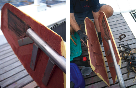 After adding a few layers of carbon fiber (to add stiffness below the stock) Evan applied glue to both halves of the core and fitted one side, at left, then the other, at right, to the stock.