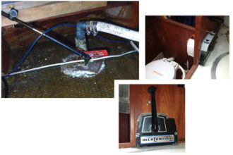 To enable him to operate the hard-to-reach inlet valve from within the head compartment, Andy attached a throttle cable to the handle, top left. It’s connected to an outboard motor control unit, at left, mounted close to the marine toilet where it’s visible and easily operable, above.