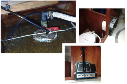 To enable him to operate the hard-to-reach inlet valve from within the head compartment, Andy attached a throttle cable to the handle, top left. It’s connected to an outboard motor control unit, at left, mounted close to the marine toilet where it’s visible and easily operable, above.