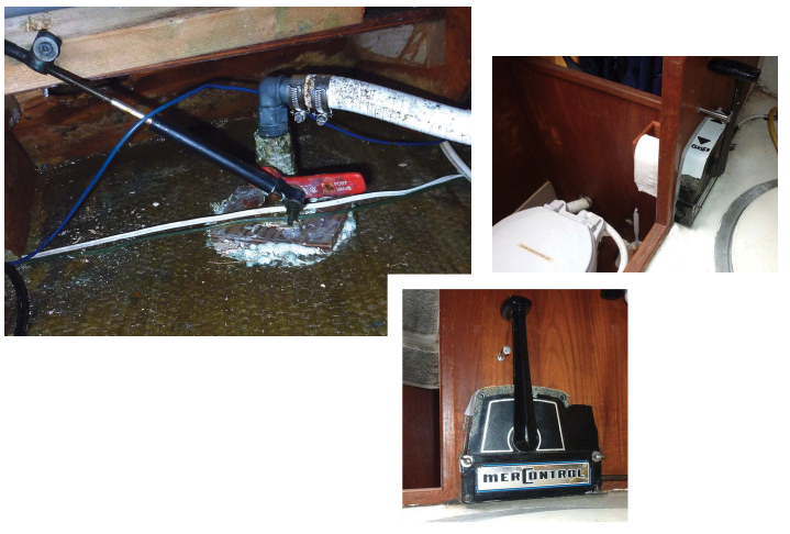 To enable him to operate the hard-to-reach inlet valve from within the head compartment, Andy attached a throttle cable to the handle, top left. It’s connected to an outboard motor control unit, at left, mounted close to the marine toilet where it’s visible and easily operable, above.