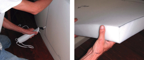 When cutting the foam, Dave was careful to hold the knife perpendicular to it, far left, and ended up with nice, crisp corners, at left.