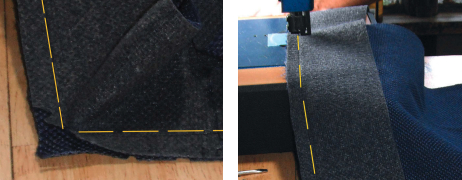 Notches in the boxing at the corners, at left, made it easier to sew the corners, at right.