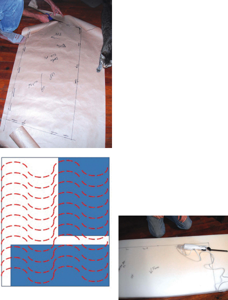 Dave’s pattern, top left, shows the marks he made around the foam and the “1⁄2-inch too big” line where he is cutting. A pattern cannot be used “sideways” on fabric that has a directional pattern or weave, lower left. Dave has found the best tool for cutting foam is an electric carving knife, above.