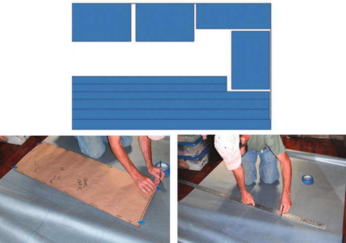 Dave and Connie laid out the patterns on the fabric in a way that left material for long lengths of boxing, above center. Dave laid the vinyl good side down so he could mark around the patterns on the back, at left, then connected the marks with a straightedge, at right,