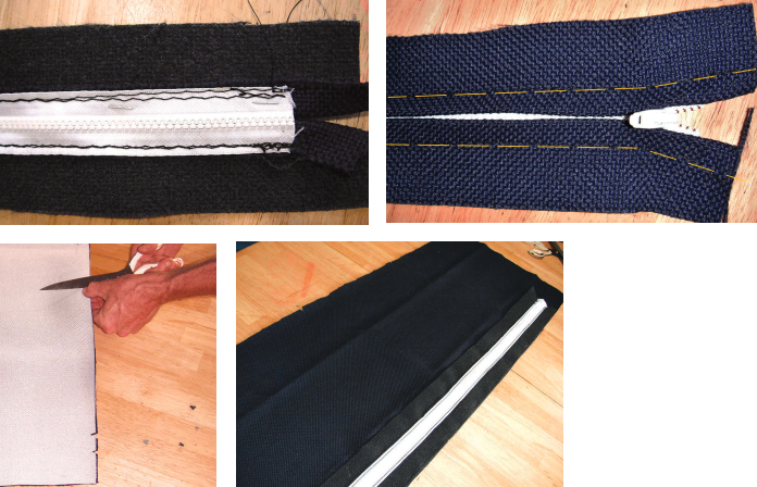 After sewing the zipper to the boxing, top left, Dave topstitched (highlighted in yellow) along the front of the zipper boxing, top right. He lined up the top and bottom pieces and cut notches so he could align them later, far left. He then sewed the zipper boxing to the top piece, at left.