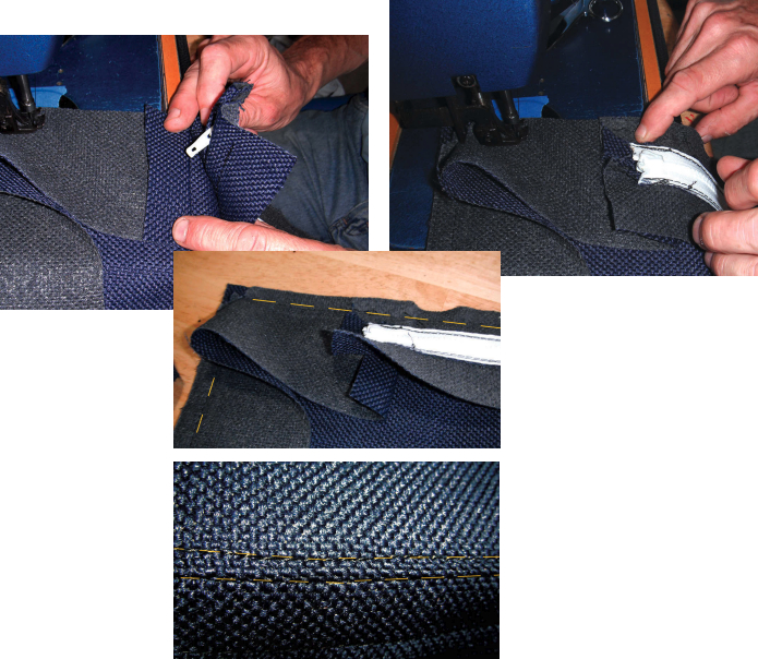 Dave folded the extra boxing under the zipper boxing, above left, then laid the zipper boxing on top, above right, and sewed through all the layers, at right. He finished with topstitching (highlighted in yellow) to add strength, lower right.