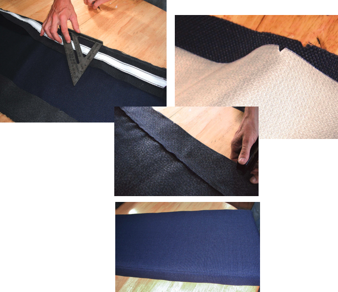 Dave transferred the notches from the top fabric to the boxing, above left, then aligned those notches with those on the bottom, above right. As tape would not stick to the fabric, he stapled the boxing to the bottom, at left. A finished cushion, lower left.