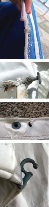 From the top: support tape on the luff of a roller-furling sail can be patched but not the boltrope inside it. Webbing on sail slides can decay and fail. Sail hanks can cause damage at the luff, especially if they are loose or are missing their pistons.