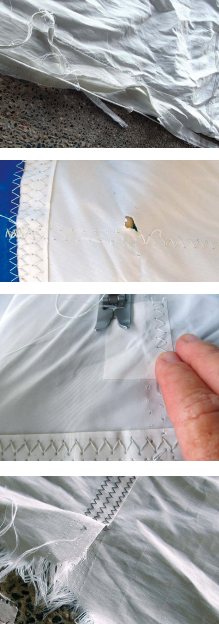 From the top: first assess whether the sail is even worth repairing. Small holes can be covered with adhesive patches applied front and back, then stitched through. Larger areas of damaged cloth can be cut out once the area has been patched.