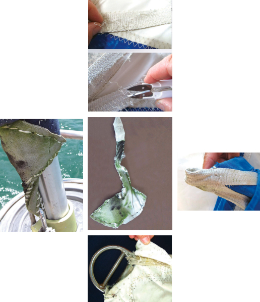 Look for damaged stitching, at top, and cut it off with a thread snipper. If leather protection, at left, is brittle, remove it, center above, but use it as a pattern for a replacement. Webbing on a clew ring can fail for many reasons, above, and the ring should be replaced if the welds show signs of cracks. Unprotected webbing at the tack or head, top right, needs to be replaced before it can fail.