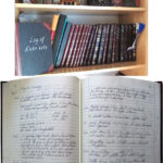 Thirty-something years of cruising fills a yard or so of bookshelf in Ed and Ellen’s pied-a-terre in Arizona, at top. Entr’acte’s ship’s log is a simple 10 1⁄2 x 8, hardbound, lined office journal. Ed and Ellen buy several at a time to ensure uniformity and make certain they do not run short. Their inside pages, at right, are filled with details of every day that passed on board.