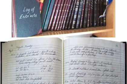 Thirty-something years of cruising fills a yard or so of bookshelf in Ed and Ellen’s pied-a-terre in Arizona, at top. Entr’acte’s ship’s log is a simple 10 1⁄2 x 8, hardbound, lined office journal. Ed and Ellen buy several at a time to ensure uniformity and make certain they do not run short. Their inside pages, at right, are filled with details of every day that passed on board.