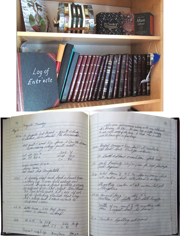 Thirty-something years of cruising fills a yard or so of bookshelf in Ed and Ellen’s pied-a-terre in Arizona, at top. Entr’acte’s ship’s log is a simple 10 1⁄2 x 8, hardbound, lined office journal. Ed and Ellen buy several at a time to ensure uniformity and make certain they do not run short. Their inside pages, at right, are filled with details of every day that passed on board.