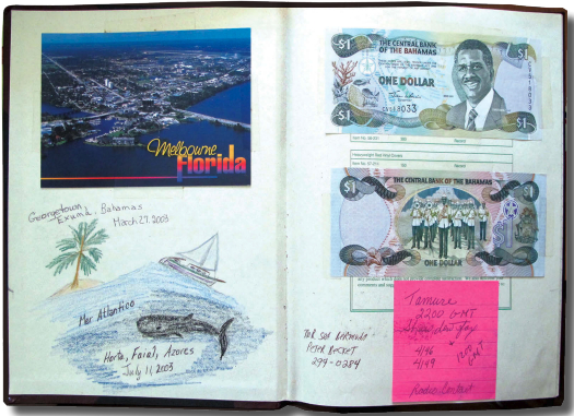 Entr’acte’s log pages are filled with postcards, stamps, local currency, receipts from restaurants with prices, quotes from friends along the way, and any other information Ed and Ellen deem of interest and might wish to remember for future reference.
