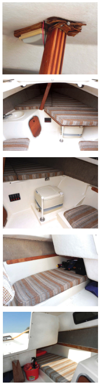 A weak point on the Slipper 17 is the compression post, at top. The wide-open interior is fitted with a rudimentary galley. The cushion above the portable toilet can be taken off to reveal a tabletop, which in turn can be removed when necessary. The quarter berths starboard and port are constricted by the cockpit seats and really only usable for seating and storage.