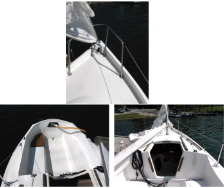 The small cleat tucked up in the bow is not serious enough for anchoring, center above, but the bulwark provides good footing for sail handling. Bench seats accommodate up to six in the cockpit, at left. The mainsheet and jibsheets are within reach of the helm, at right.