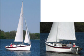 Under sail in the capable hands of Burnie Turner and Tim West, the Slipper 17 cuts a fine profile, top left. The transom shape is derived from traditional designs, top right.