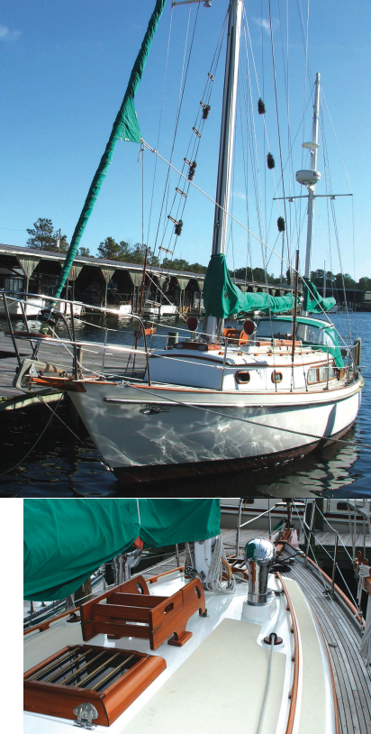 Clark Robins has added his own touches to Solitude’s already traditional appearance, including baggywrinkle, ratlines, and eyelashes above the running lights, above. A traditional wooden boarding ladder fits neatly behind the mast, at left, and bronze rods protect the Lexan in the hatches he rebuilt. Clark finished the wood trim bright but let the new teak decks weather to their natural silver.