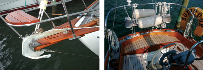 Clark, a skilled woodworker, fitted the seat to the new pulpit, at left, and added the grating to improve the appearance and functionality of the bowsprit. He also made the arched helm seat, at right, so he can sit comfortably behind the wheel when the boat heels.