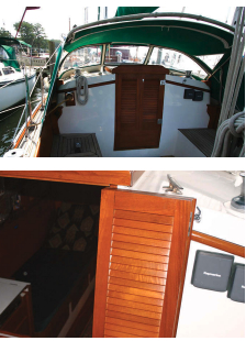 Clark installed a new dodger of conventional design but with additional support bars, upper photo, which he decorated with sailors’ knotwork. He also replaced the original solid panels in the companionway doors with louvered panels, above.