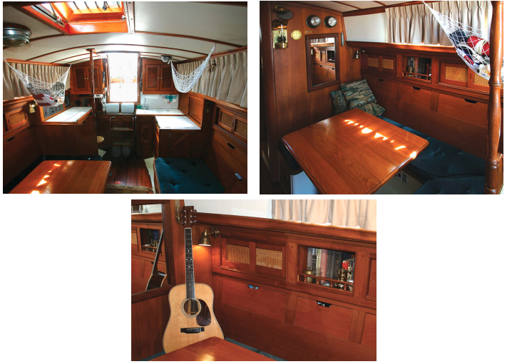 Solitude’s main cabin is filled with Clark’s woodwork, above left, from the built-in lockers behind the settees to the tabletop he made for the dinette, above right, to replace the original that folded down from the bulkhead. Music also plays its part aboard Solitude, below.
