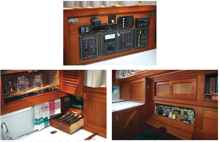 Clark installed a new electrical panel on the starboard side above the chart table, above center. Storage spaces in the galley lockers are customized around the glass, china, and silverware, above left. Lockers behind the settee backs are also in reach of the galley, at right.
