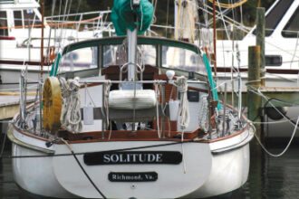 When Clark isn’t sailing her, Solitude spends her time in Deltaville, Virginia, in the company of boats of all types, ages, materials, and purposes.