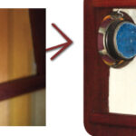 Speaker? What speaker? top left. Jim had already glued his cover over it and couldn’t take a “before” photo, but the founding editors have a similar protruding speaker back on their C&C 30, also in the head, above. Luckily for them, it’s in a locker and not in plain view on the bulkhead, and the unsightly speaker and wire that Jim so expertly covered on Sundew are less obvious.