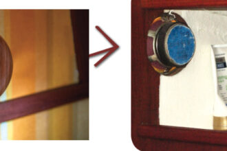 Speaker? What speaker? top left. Jim had already glued his cover over it and couldn’t take a “before” photo, but the founding editors have a similar protruding speaker back on their C&C 30, also in the head, above. Luckily for them, it’s in a locker and not in plain view on the bulkhead, and the unsightly speaker and wire that Jim so expertly covered on Sundew are less obvious.