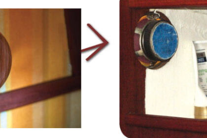 Speaker? What speaker? top left. Jim had already glued his cover over it and couldn’t take a “before” photo, but the founding editors have a similar protruding speaker back on their C&C 30, also in the head, above. Luckily for them, it’s in a locker and not in plain view on the bulkhead, and the unsightly speaker and wire that Jim so expertly covered on Sundew are less obvious.