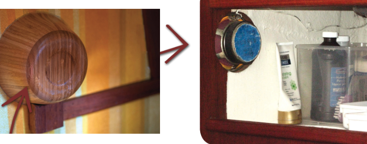 Speaker? What speaker? top left. Jim had already glued his cover over it and couldn’t take a “before” photo, but the founding editors have a similar protruding speaker back on their C&C 30, also in the head, above. Luckily for them, it’s in a locker and not in plain view on the bulkhead, and the unsightly speaker and wire that Jim so expertly covered on Sundew are less obvious.