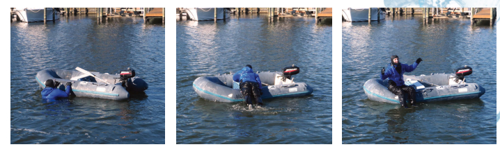 As part of the testing process, an immersion suit must allow a wearer to swim a minimum distance of 25 meters and to climb into a life raft. Drew had no difficulty swimming the required distance to his inflatable dinghy and boarding it while wearing his dry suit.