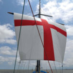 Sailing downwind driven by her square sail, Britannia rules the waves, at top.