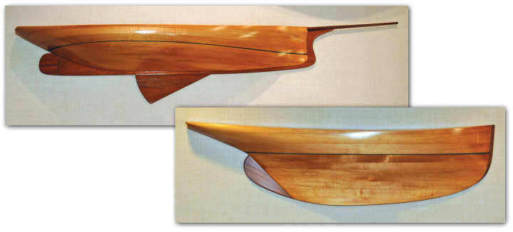 Half models on display at the Royal Canadian Yacht Club in Toronto show the differences in hull shape between the sloop White Wings, at left, and the cutter Whistle Wing, below.