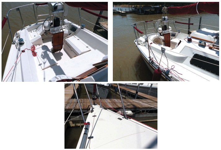 The faceted lines of the Starwind 27’s cockpit are distinctive, and the raised helm seat improves the view over the cabintop, at left. The tall companionway hatch slide, at right, creates 6-foot headroom in the galley. There is no bow roller or chocks for leading an anchor rode to the mooring cleats, below, but there is a locker in the foredeck for stowing ground tackle.