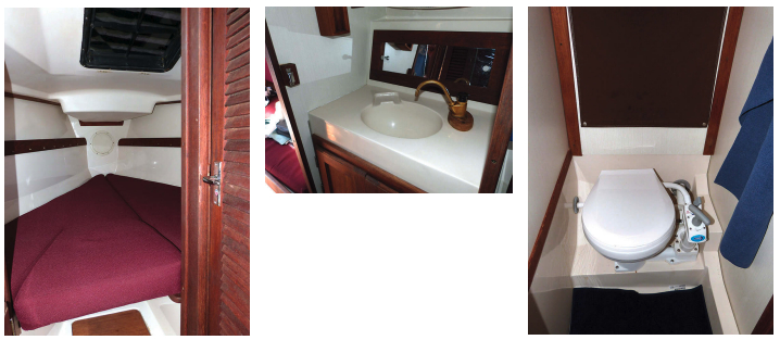 With the removable insert in place, the V-berth makes an adequate double, at left. The head compartment spans the hull aft of the forward cabin. A molded vanity with stowage outboard is fitted to port, above, and the marine toilet is to starboard, at right. It’s tight quarters, but it’s private.